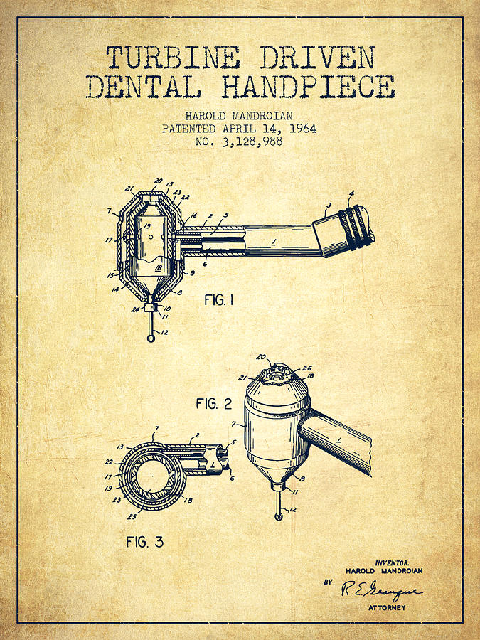 Vintage Digital Art - Turbine Driven Dental Handpiece patent from 1964 - Vintage by Aged Pixel