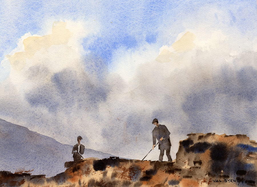 Turf cutters Achill Mayo Painting by Val Byrne