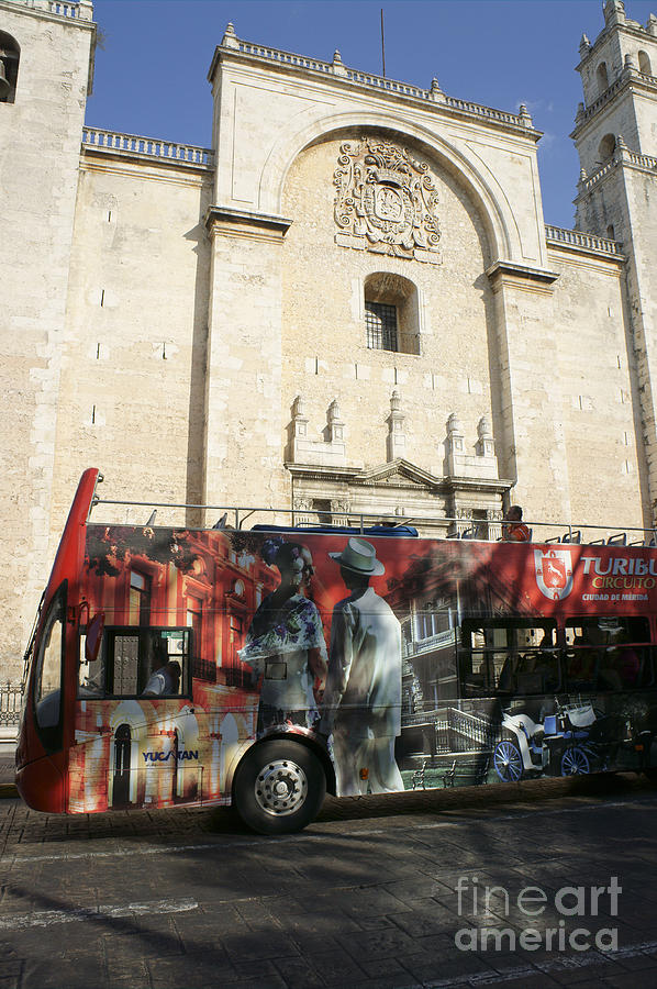 TURIBUS AND CATHEDRAL Merida Mexico Photograph by John  Mitchell