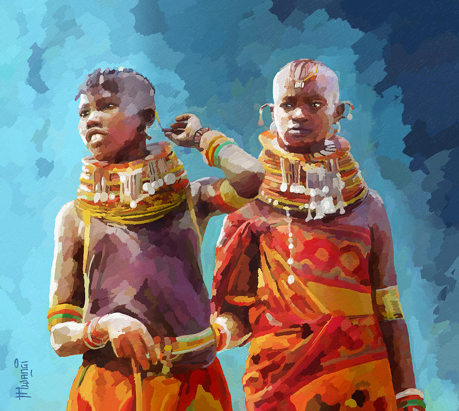 Nature Painting - Young Turkana Girls by Anthony Mwangi