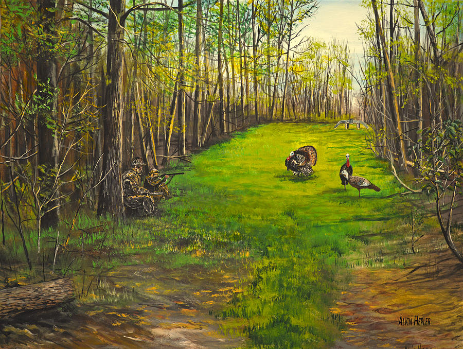 Turkey Painting - Turkey Hunt With Grandpaw at the Gas Line by Alvin Hepler
