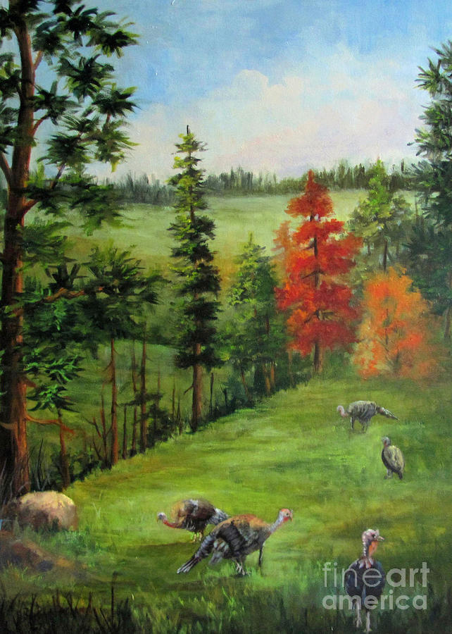 Turkeys in the BackYard Painting by Barbara Haviland