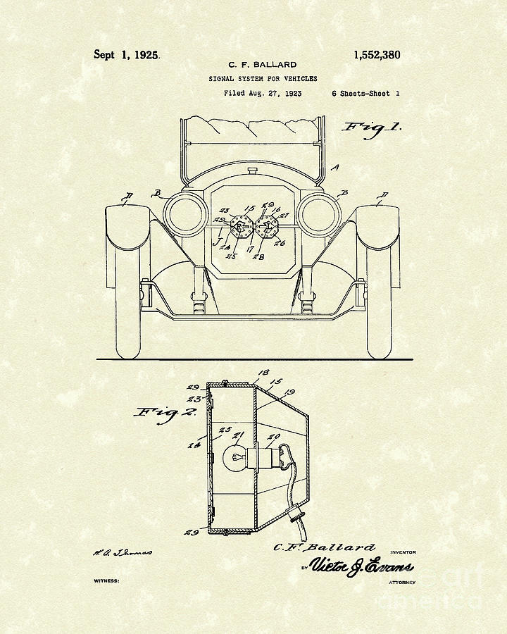 Turn Signals 1925 Patent Art Drawing by Prior Art Design