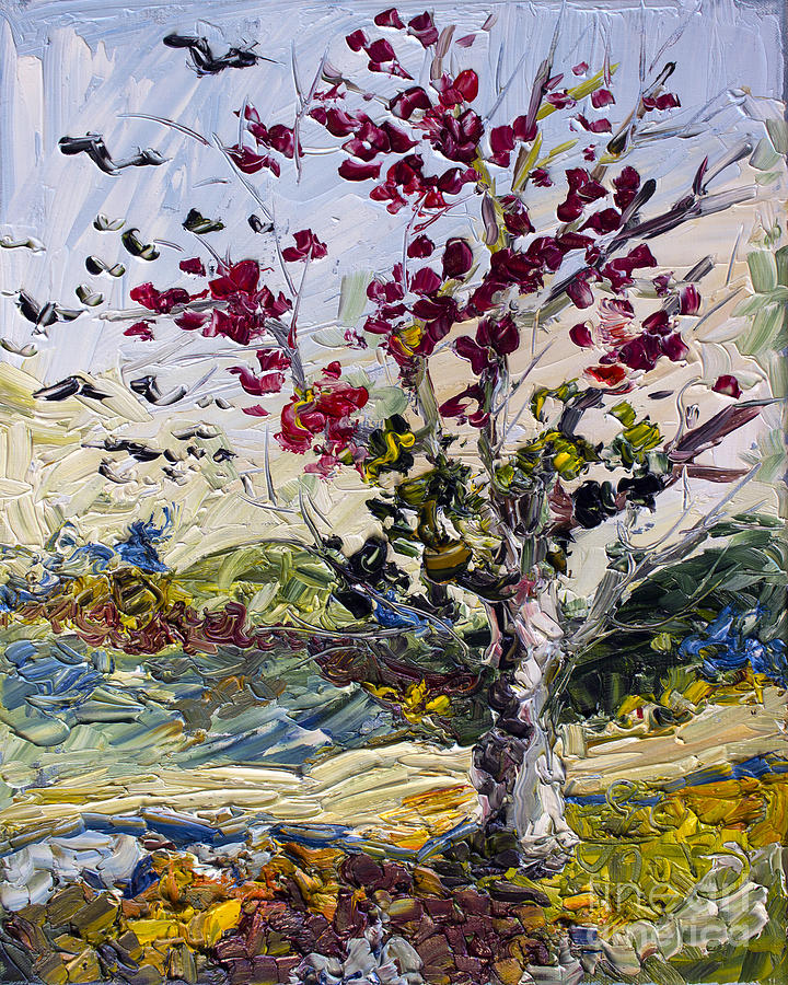 Turning Red Autumn Fire Tree and Migrating Birds Painting by Ginette Callaway