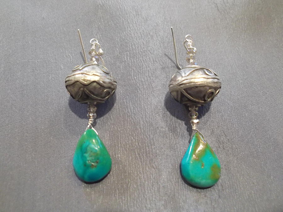 African Metal Jewelry - Turquoise African metal earrings by Jan Durand