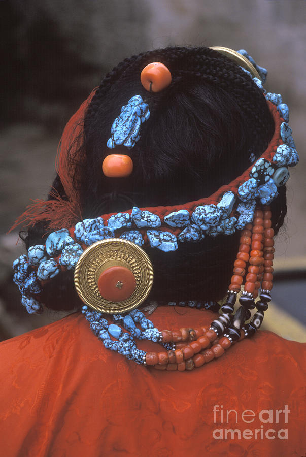 Turquoise and Coral Hair Piece - Lhasa Tibet Photograph by Craig Lovell