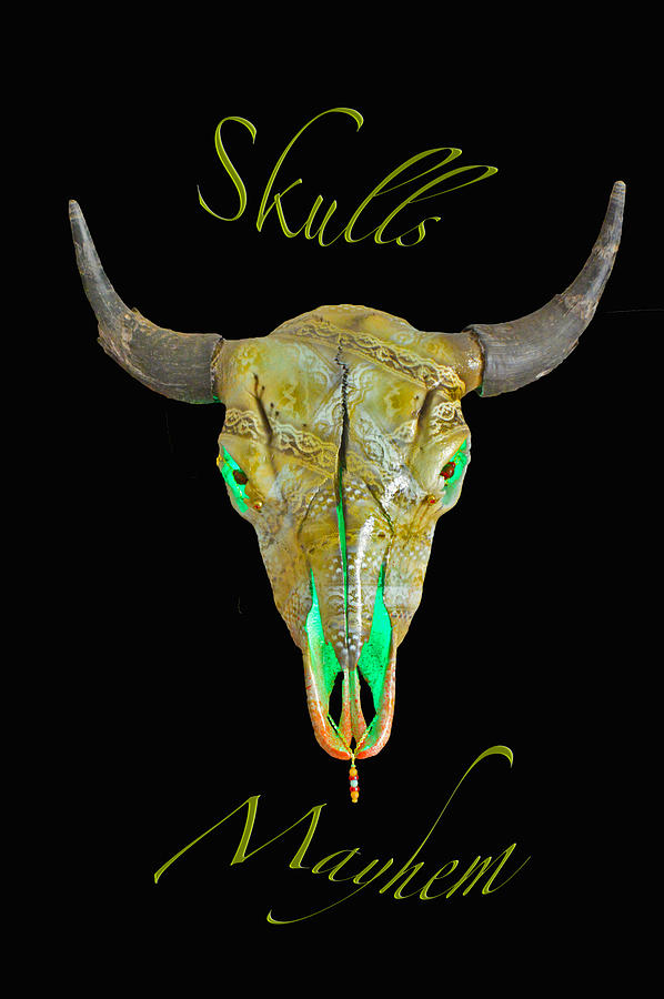 Turquoise and Gold Illuminating Buffalo Skull Mixed Media by Mayhem Mediums