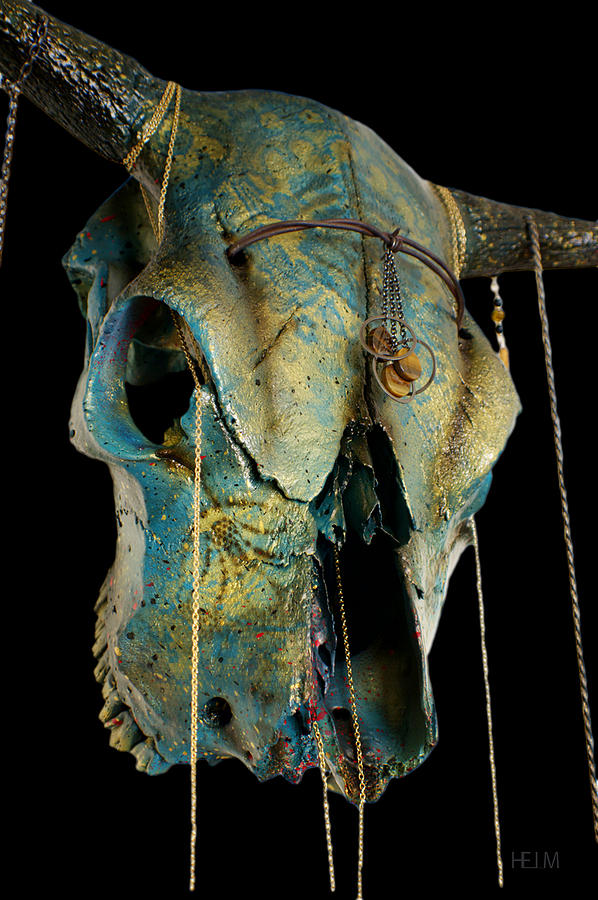 Turquoise and Gold Illuminating Steer Skull Mixed Media by Mayhem Mediums