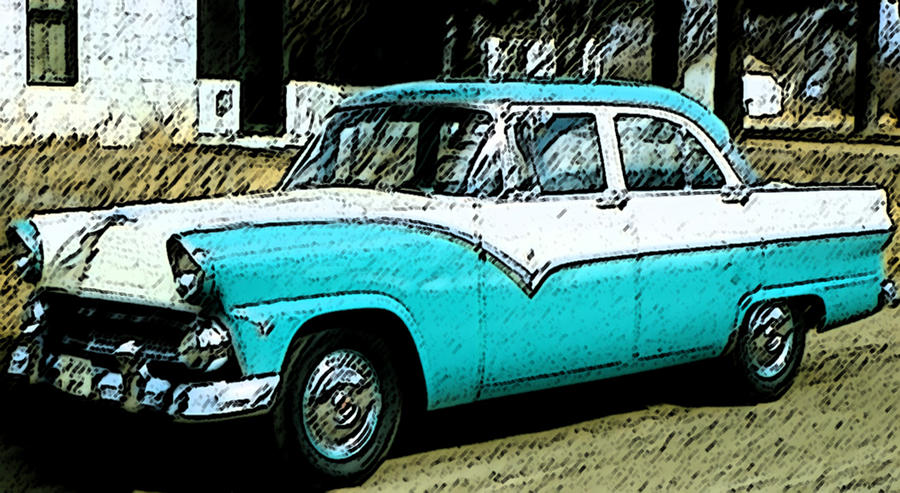 Turquoise and White Car Digital Art by Cathy Anderson