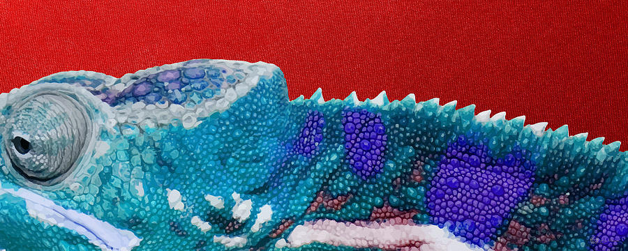 Turquoise Chameleon on Red Digital Art by Serge Averbukh