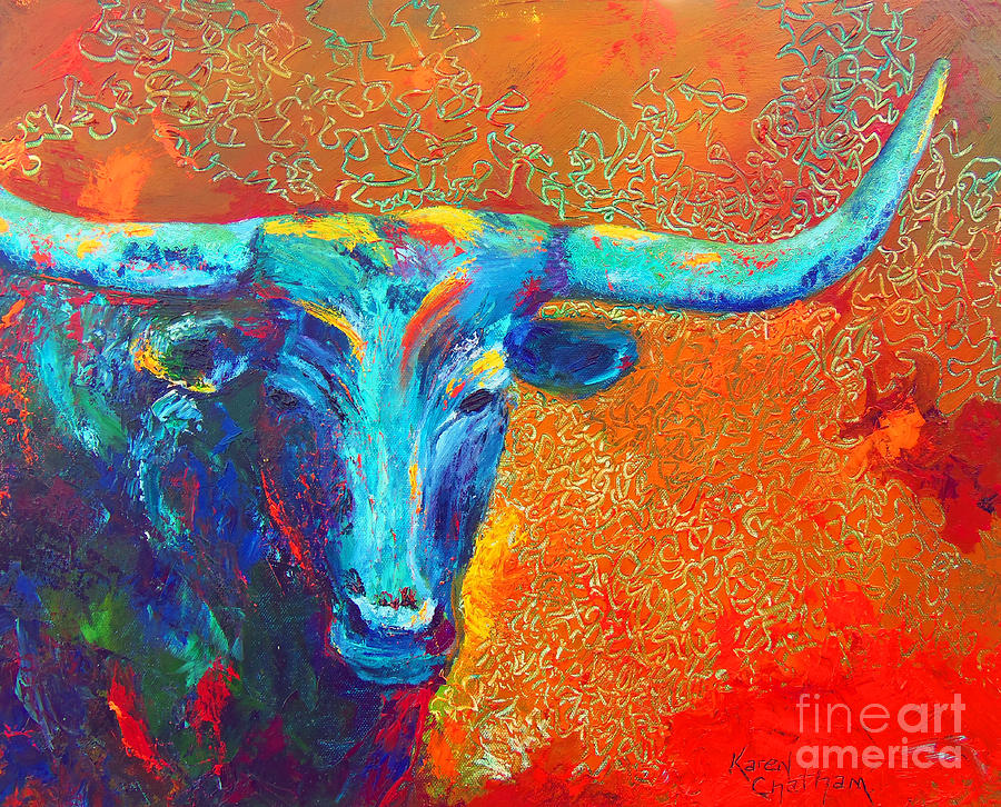 Texas Longhorn Painting - Turquoise Longhorn by Karen Kennedy Chatham