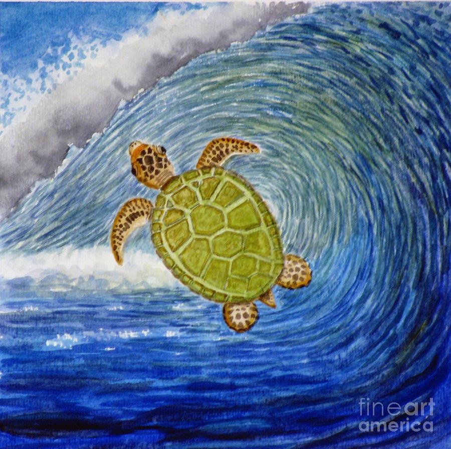 Turtle Painting - Turtle and Crashing Ocean Wave by Liz Marshall