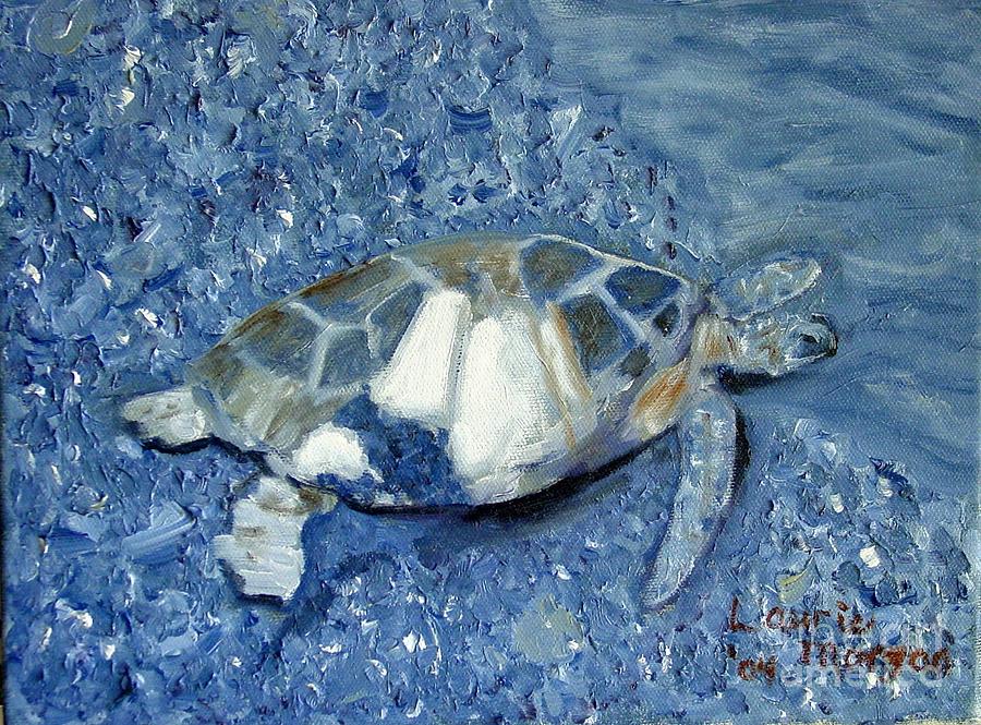Turtle on Black Sand Beach Painting by Laurie Morgan