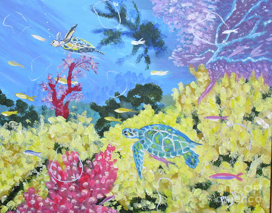 Turtles Aswimmin Painting by Phyllis Kaltenbach