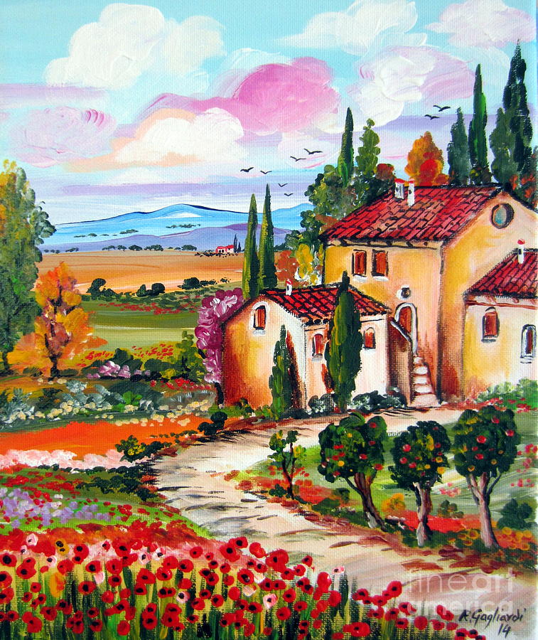 Tuscan Poppies by the Farmhouse Painting by Roberto Gagliardi