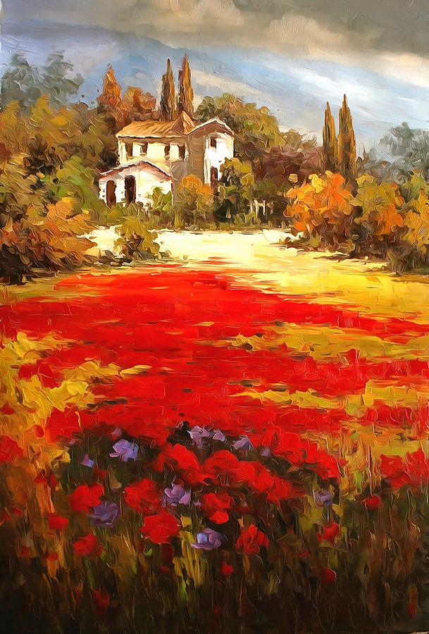 Italian Hand Painted Tuscany Red Poppy Field Oil on Canvas orders