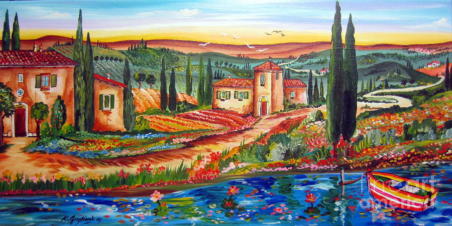 Tuscan Sunrise by the water pond Painting by Roberto Gagliardi