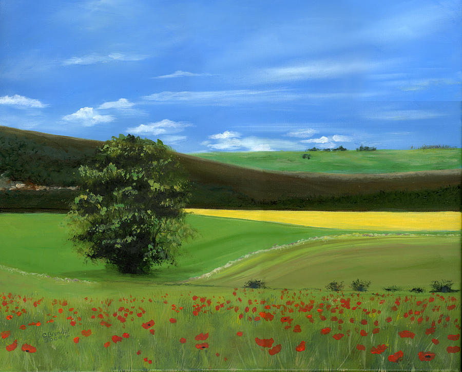 Tuscan Tree with Poppy Field Painting by Cecilia Brendel