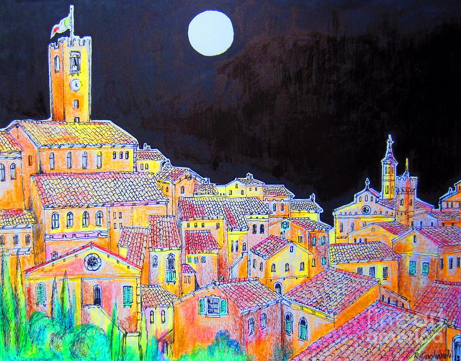 Landscape Painting - Tuscan Village by the moonlight by Roberto Gagliardi