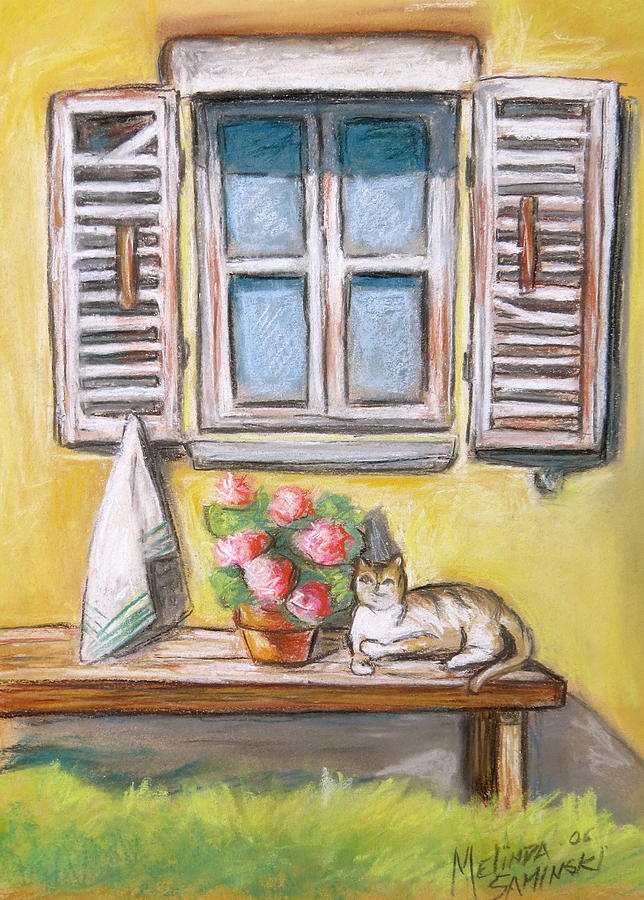Tuscan Window with Cat Pastel by Melinda Saminski