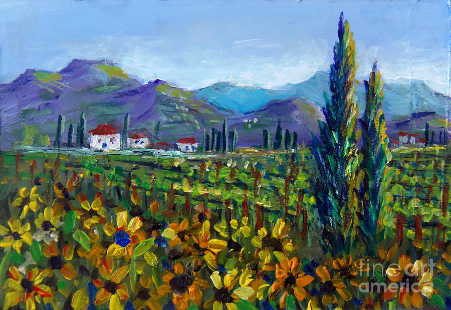 Tuscany Sunflowers Miniature Painting by Lou Ann Bagnall