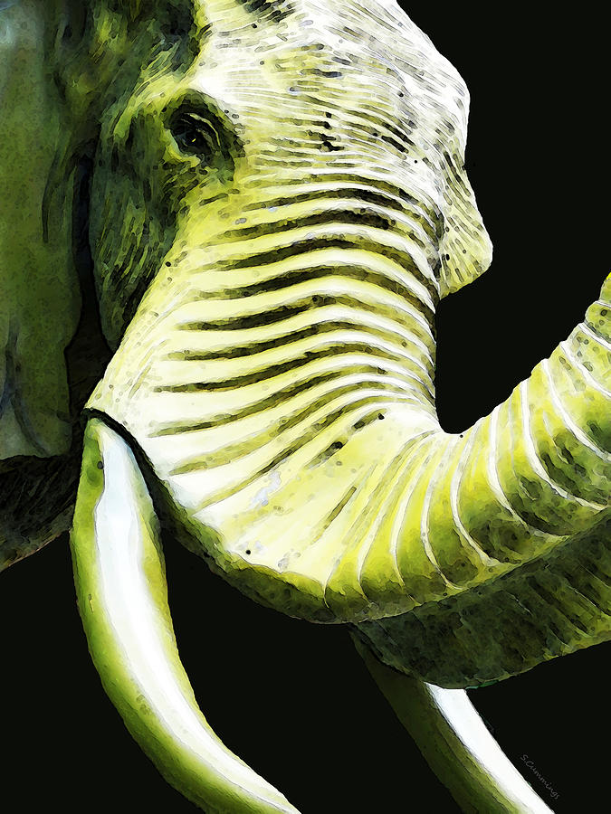 Elephant Painting - Tusk 1 - Dramatic Elephant Head Shot Art by Sharon Cummings