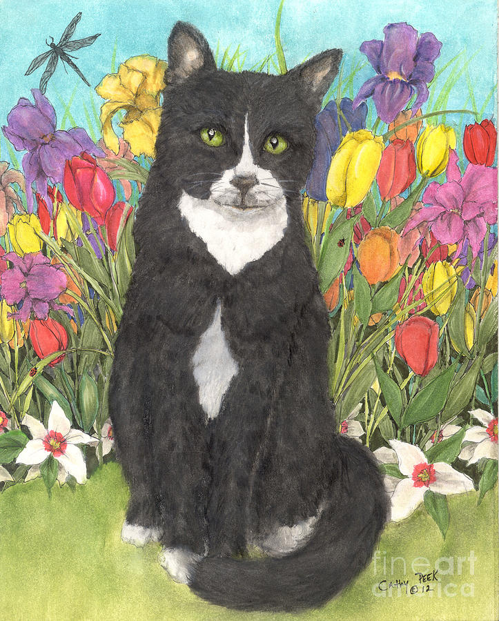 Spring Painting - Tuxedo Cat Spring Flowers Feline Cathy Peek Animal Pets Art by Cathy Peek