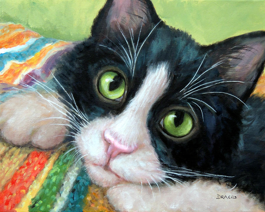 Tuxedo Cat With Blankie Painting by Dottie Dracos