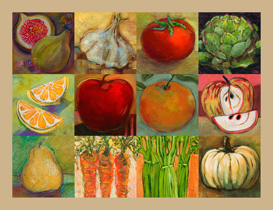 Twelve Colorful Foods Collage Painting by Jen Norton