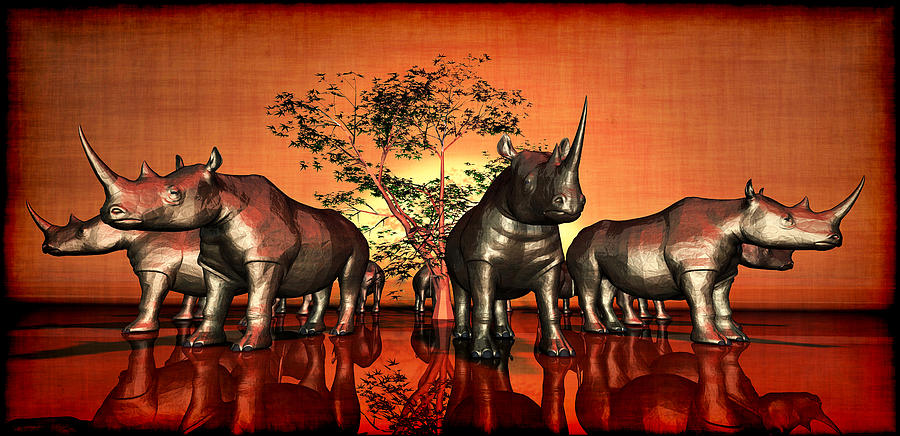 Twelve sad rhinoceros at sunset 2.0 Digital Art by Andrei SKY