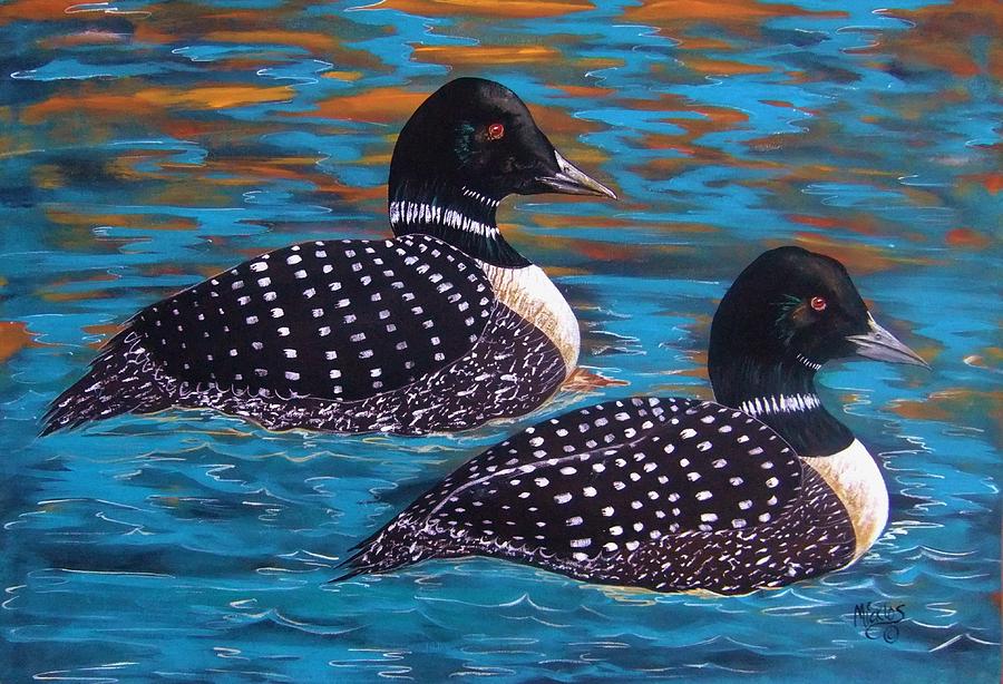 Twilight on Golden Pond North American Loons Painting by Cindy Micklos