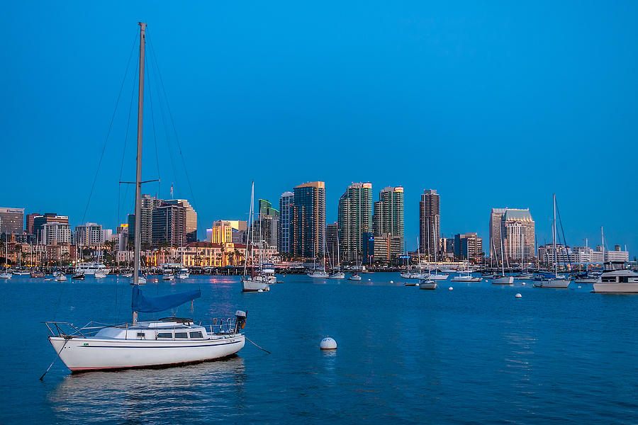 Architecture Photograph - Twilight Sailboat San Diego Harbor by Peter Tellone