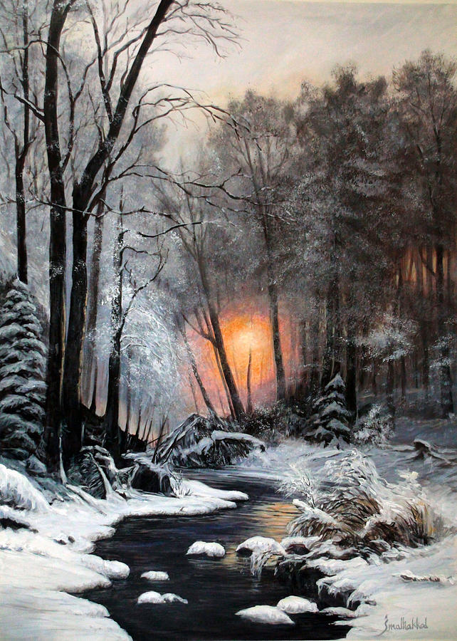 Twilight wooded river in snow remake Painting by Jerry Malliakkal