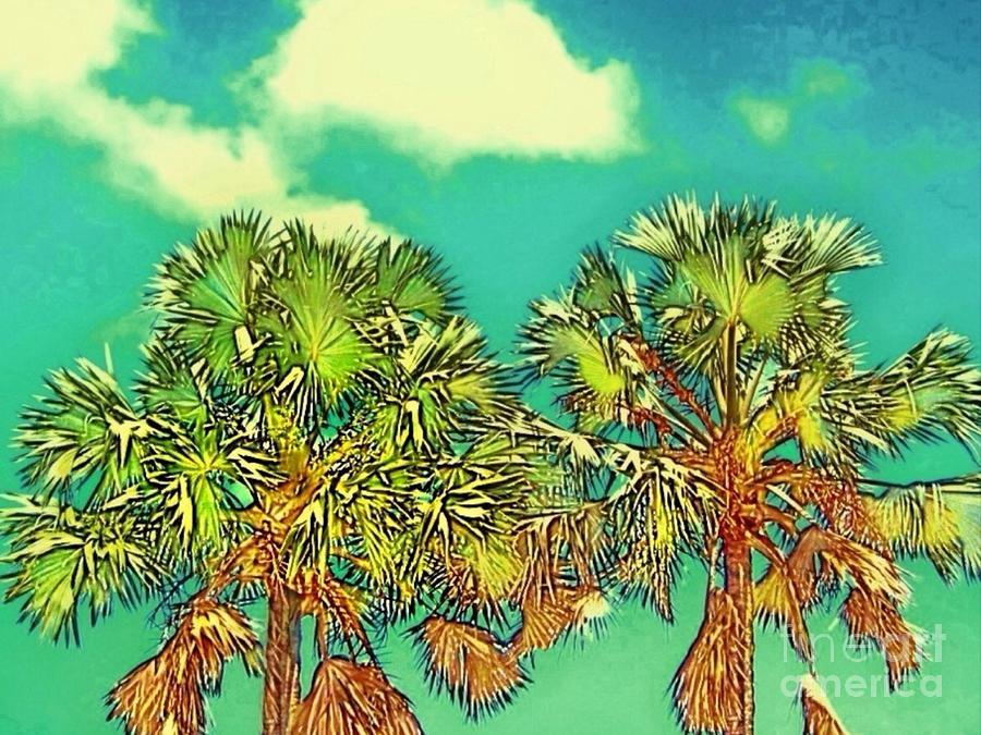 H Twin Palms with Aqua Sky - Horizontal Digital Art by Lyn Voytershark