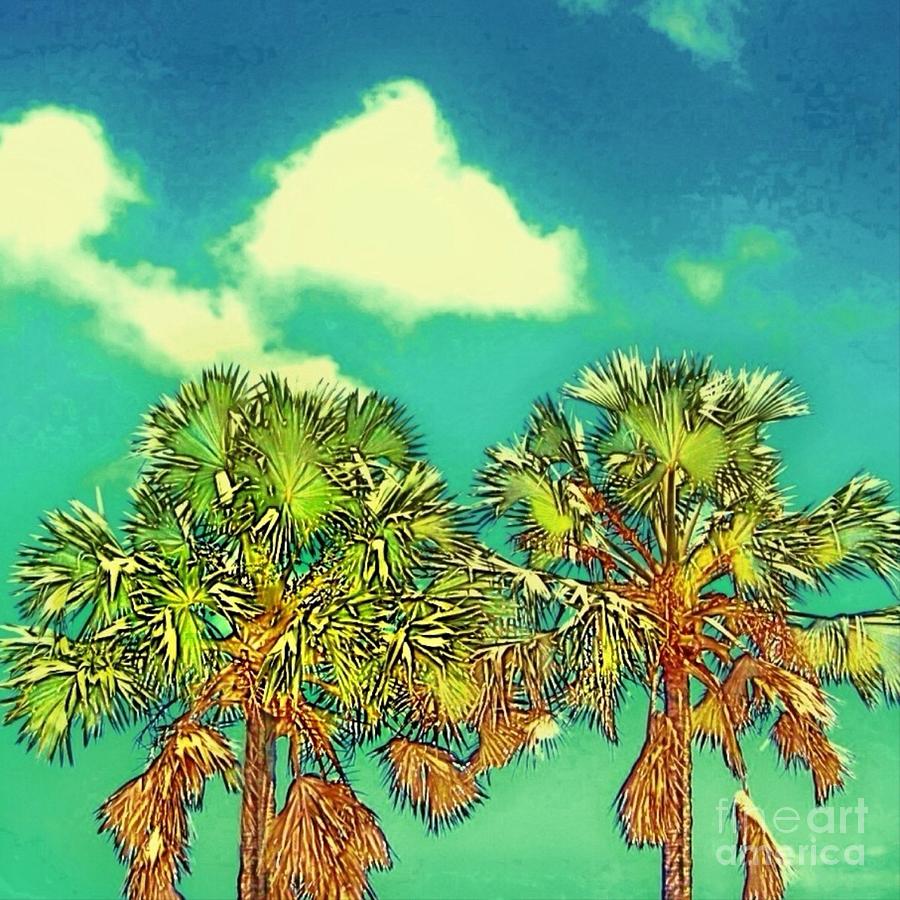 S Twin Palms with Aqua Sky - Square Painting by Lyn Voytershark