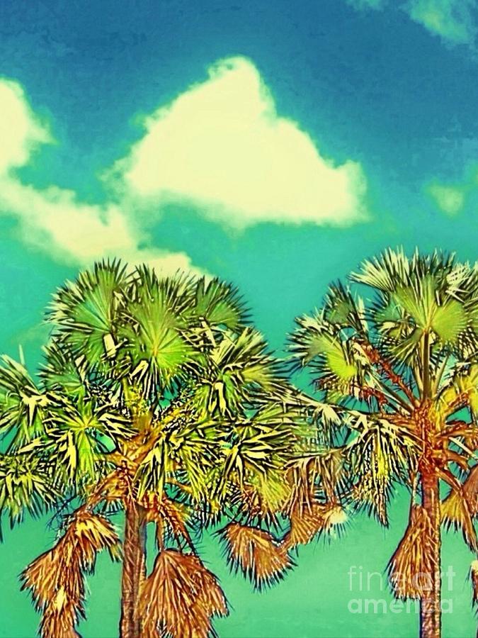 V Twin Palms with Aqua Sky - Vertical Painting by Lyn Voytershark