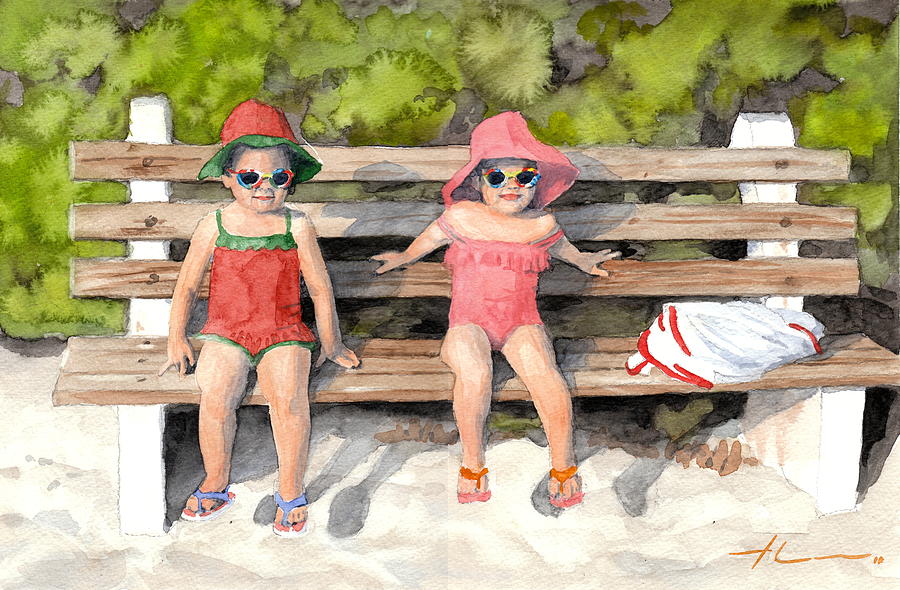 Twin Toddler Girls At Beach Watercolor Portrait Drawing by Mike Theuer