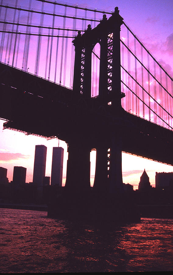 Twin Towers Manhattan Bridge Purple Photograph by Tom Wurl