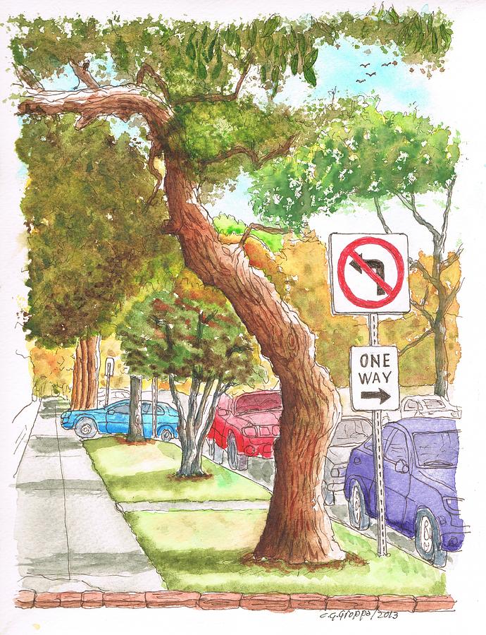 Twisted tree and One Way sign near Melrose Blvd., West Hollywood, California Painting by Carlos G Groppa
