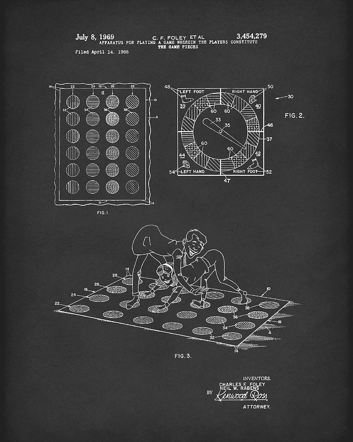 Twisting Game 1969 Patent Art Black Drawing by Prior Art Design