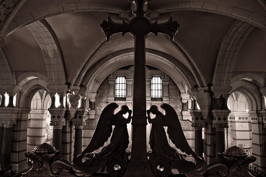 Black And White Photograph - Two angels and cross by All Around The World
