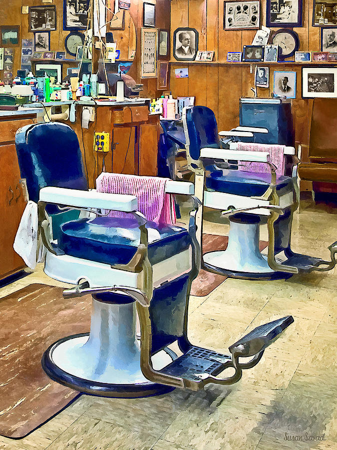 Barber Shop Photograph - Two Barber Chairs With Pink Striped Barber Capes by Susan Savad