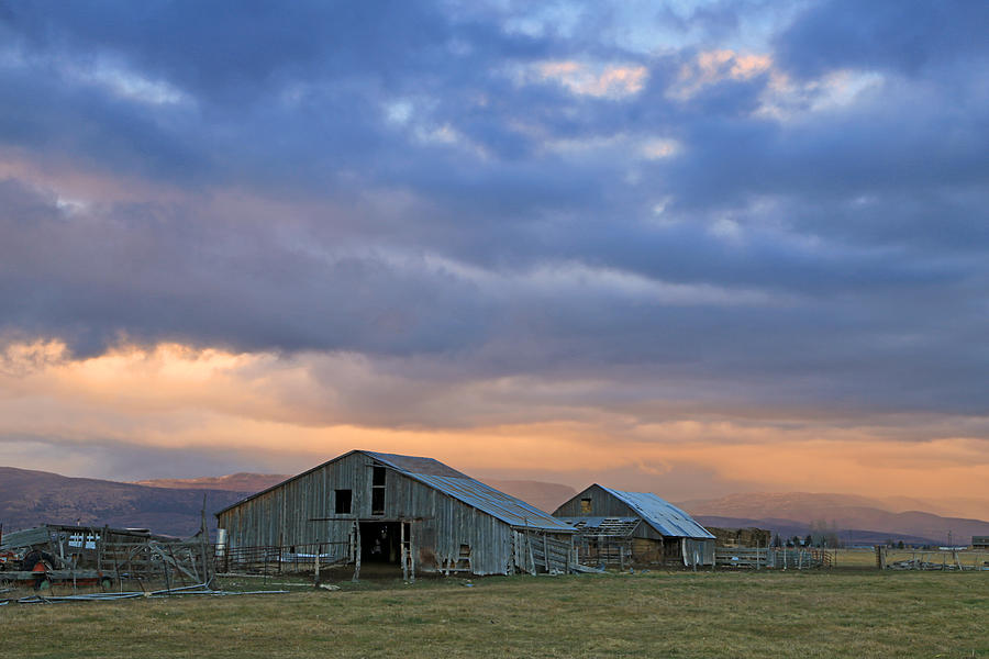 Sunset Photograph - Two barns in Heber Valley. by Wasatch Light