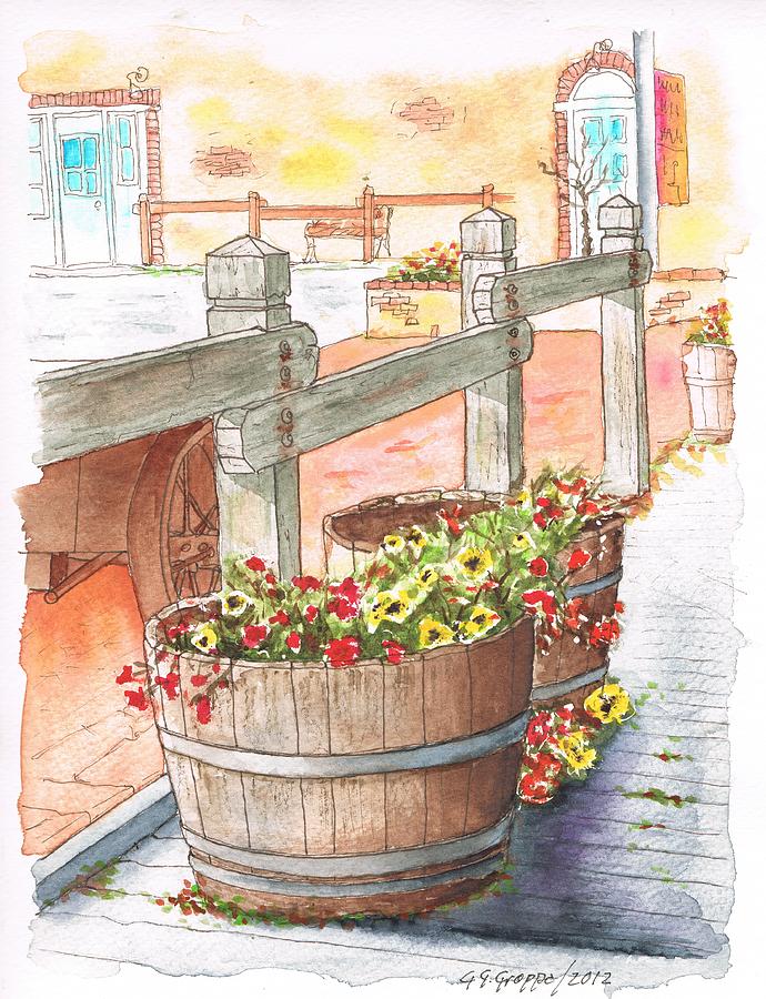 Two barrels with flowers in Calabazas - California Painting by Carlos G Groppa