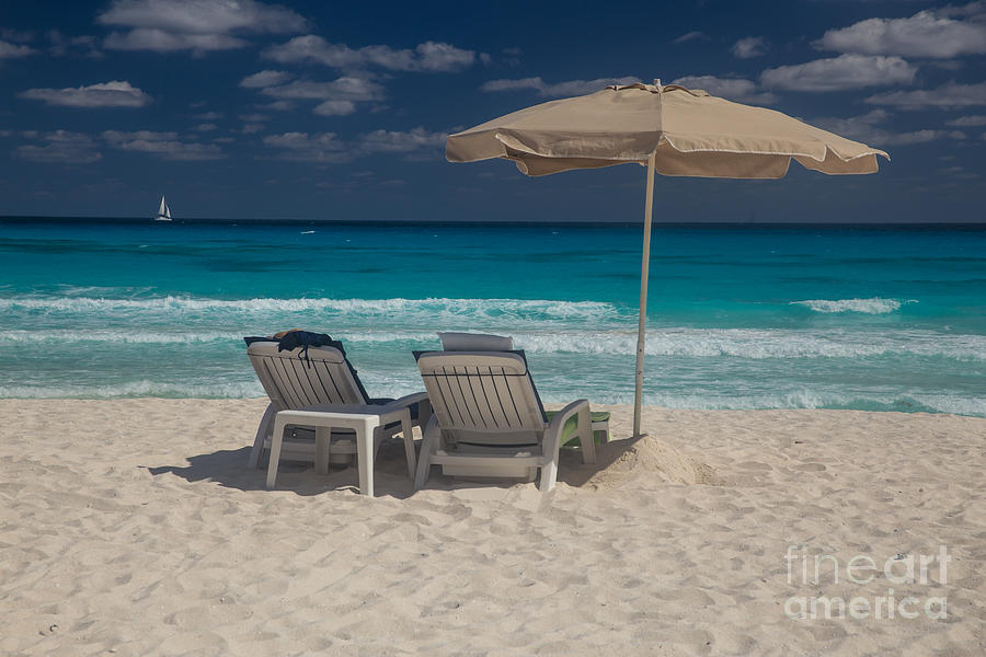 Two Beach Chairs on a White Sand Beach With Umbrella and Turquoi Photograph by Bridget Calip