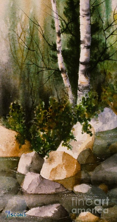 Two Birch by Rocky Stream Painting by Teresa Ascone