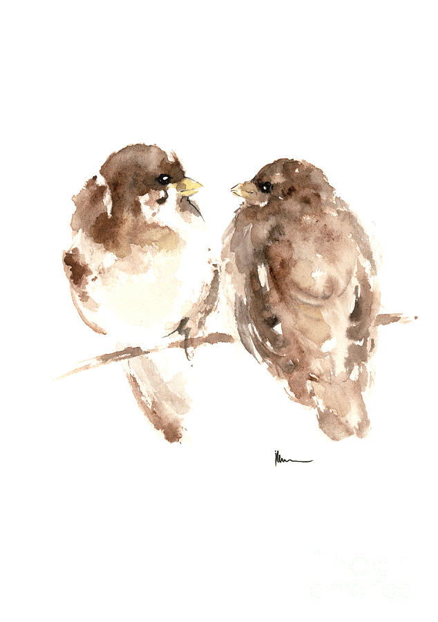 Sparrow Painting - Two birdies painting watercolor art print by Joanna Szmerdt