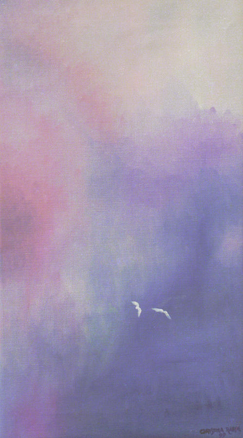 Two birds flying in ravine. Painting by Ingela Christina Rahm