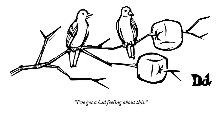 Bird Drawing - Two Birds Perch On A Branch That Has Marshmallows by Drew Dernavich