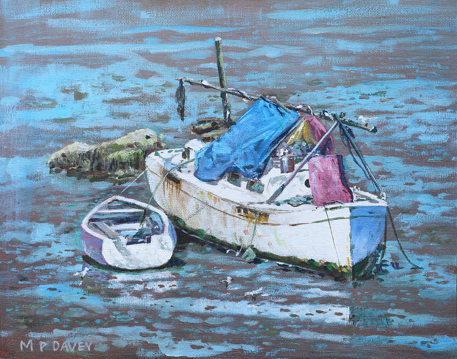 Boat Painting - Two boat wrecks at low tide by Martin Davey